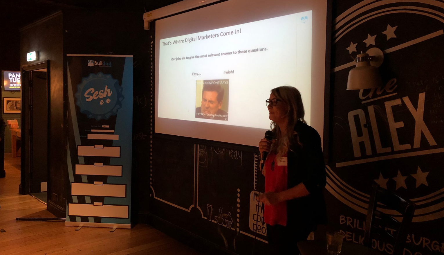 Sarah Brice talking at SeshEO